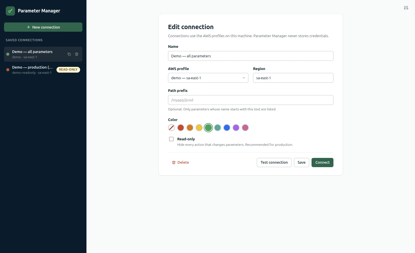 The connection form with name, AWS profile, region, path prefix, color and a Read-only option.