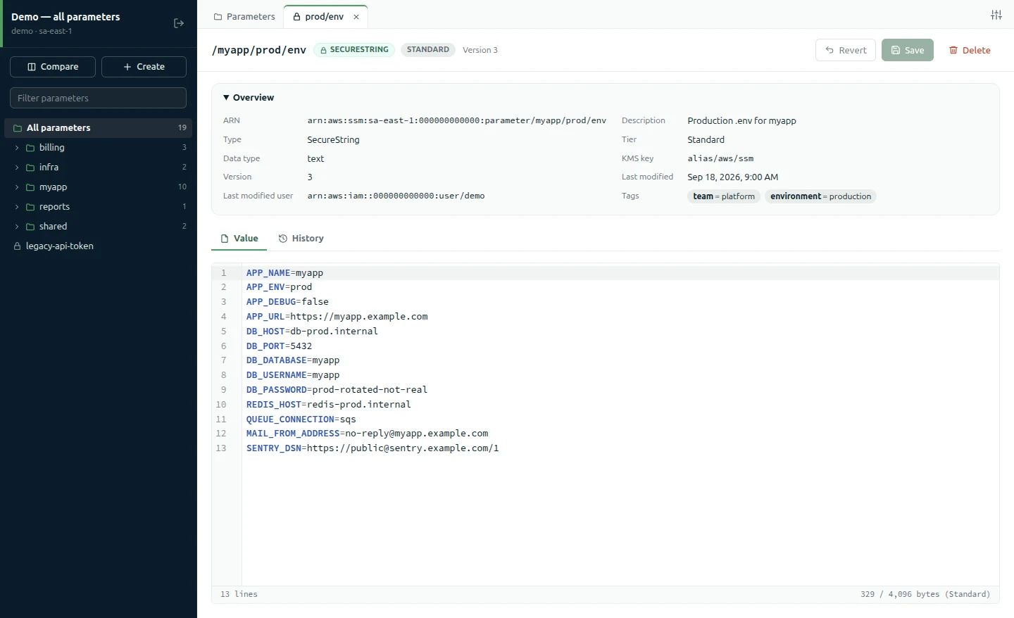 A SecureString parameter open in the .env editor, with its overview panel above.